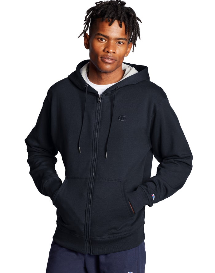 Champion Mens Hoodie NZ - Powerblend Fleece Full Zip C Logo Navy ( 9456-IGFRY )